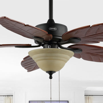 Poinciana 52" Coastal Bohemian Iron/Wood Palm Leaf LED Ceiling Fan with Pull Chain - JONATHAN Y